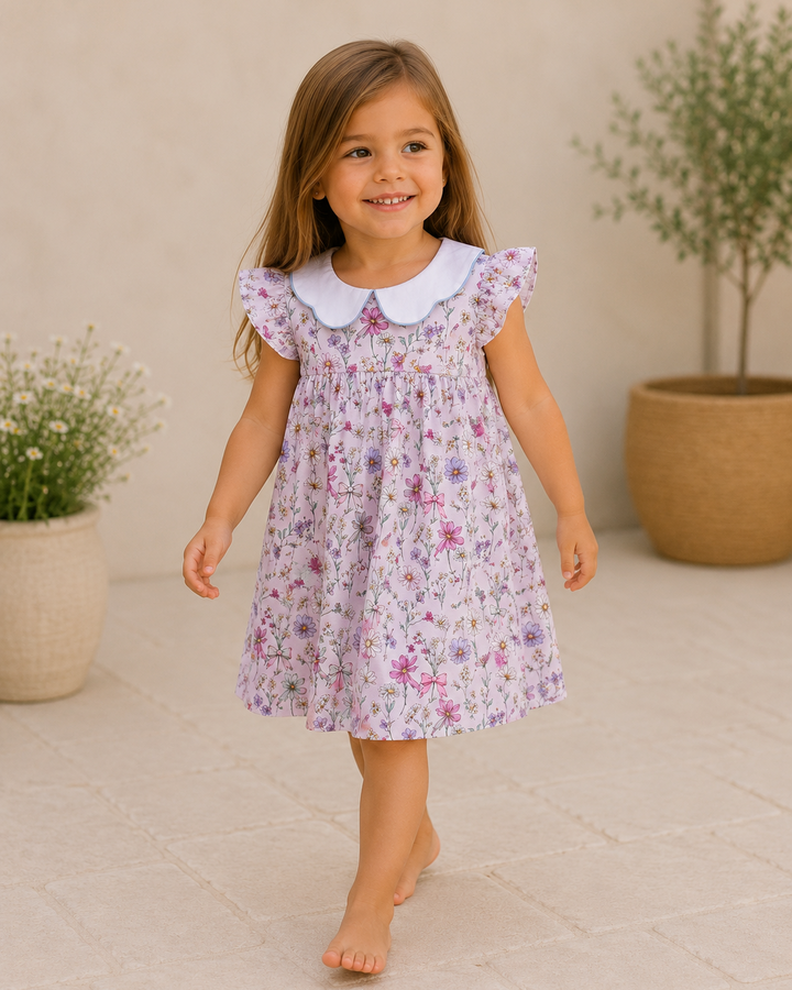 Young girl wearing a floral dress with a white collar indoors.