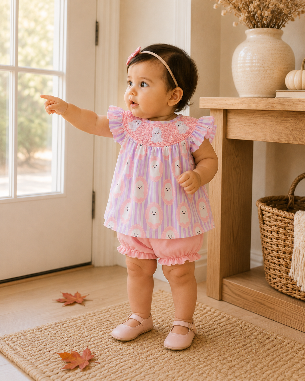 A toddler girl wearing a pink and lavender striped smocked romper with bunny prints and matching ruffled bloomers, standing in a bright room and pointing toward something off-camera.