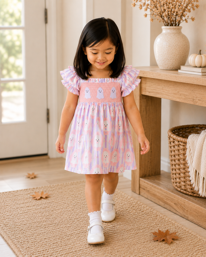 Purple Ghost Smocked Ruffle Dress