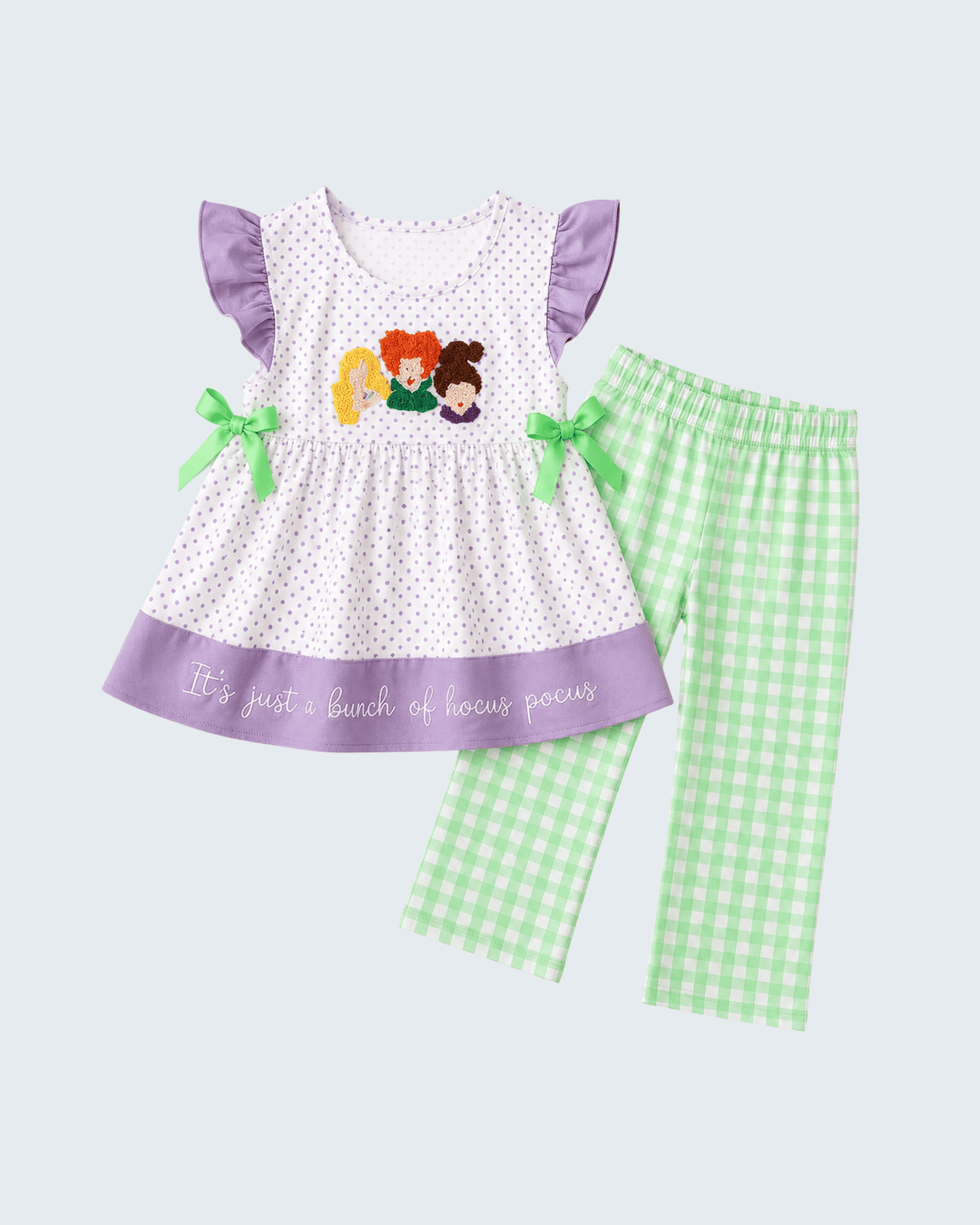 Purple polka-dot ruffle top with bow details and green gingham pants set