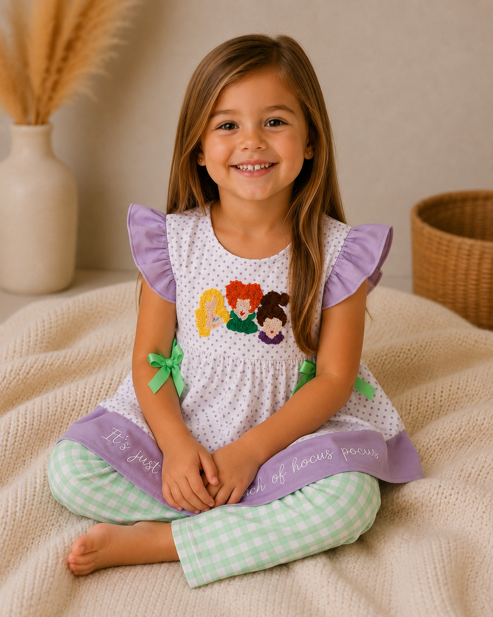 Girls' purple polka-dot ruffle top and green gingham pants set while seated