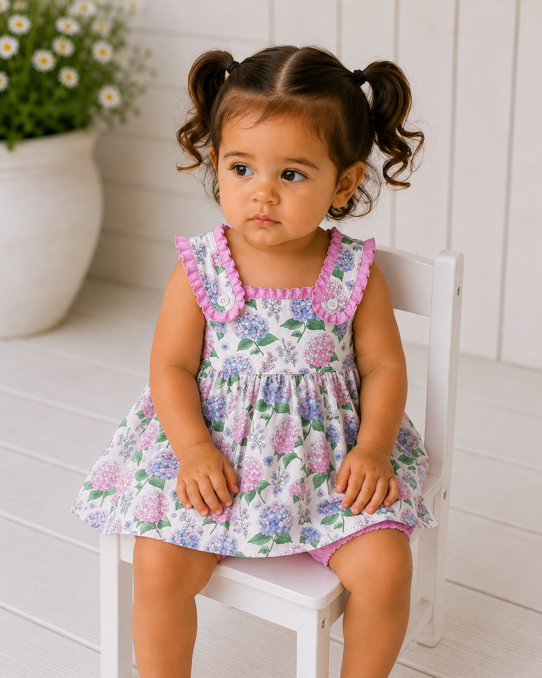 Young girl in a floral dress sitting on a white chair with flowers in the background