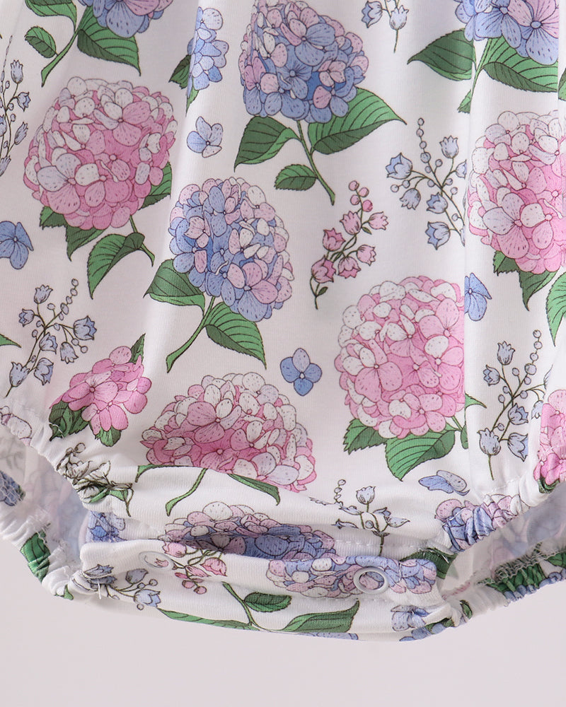 Floral patterned fabric with pink and blue hydrangeas on a white background