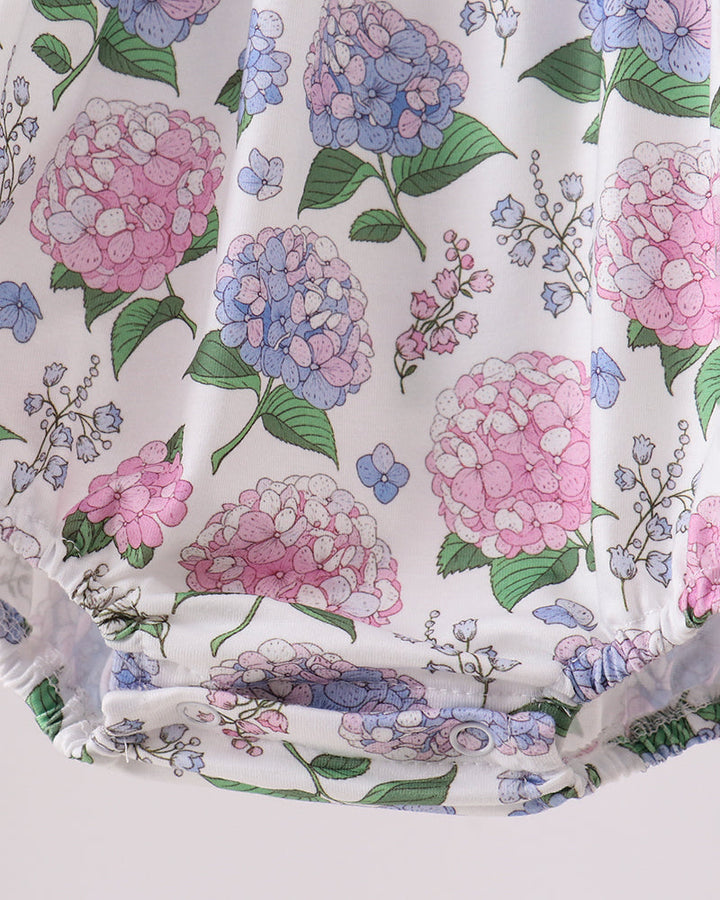 Floral patterned fabric with pink and blue hydrangeas on a white background