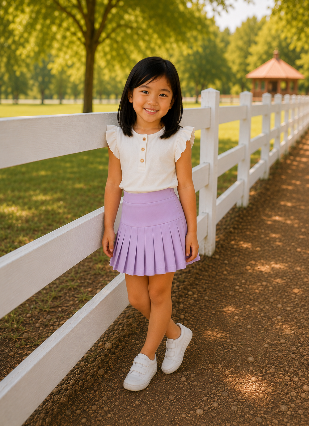 Young girl in a white blouse and purple skirt standing in front of a white fence with trees and a gazebo in the background.