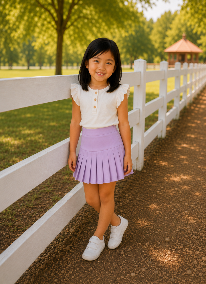 Young girl in a white blouse and purple skirt standing in front of a white fence with trees and a gazebo in the background.