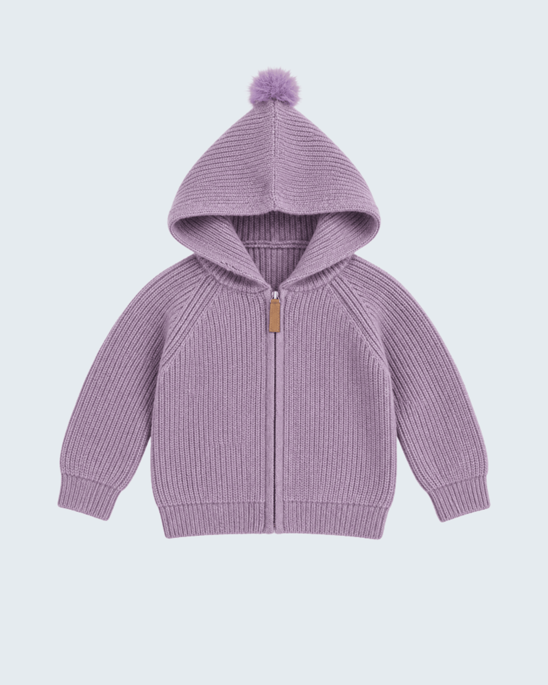 Purple knit hooded zip cardigan with pom-pom hood