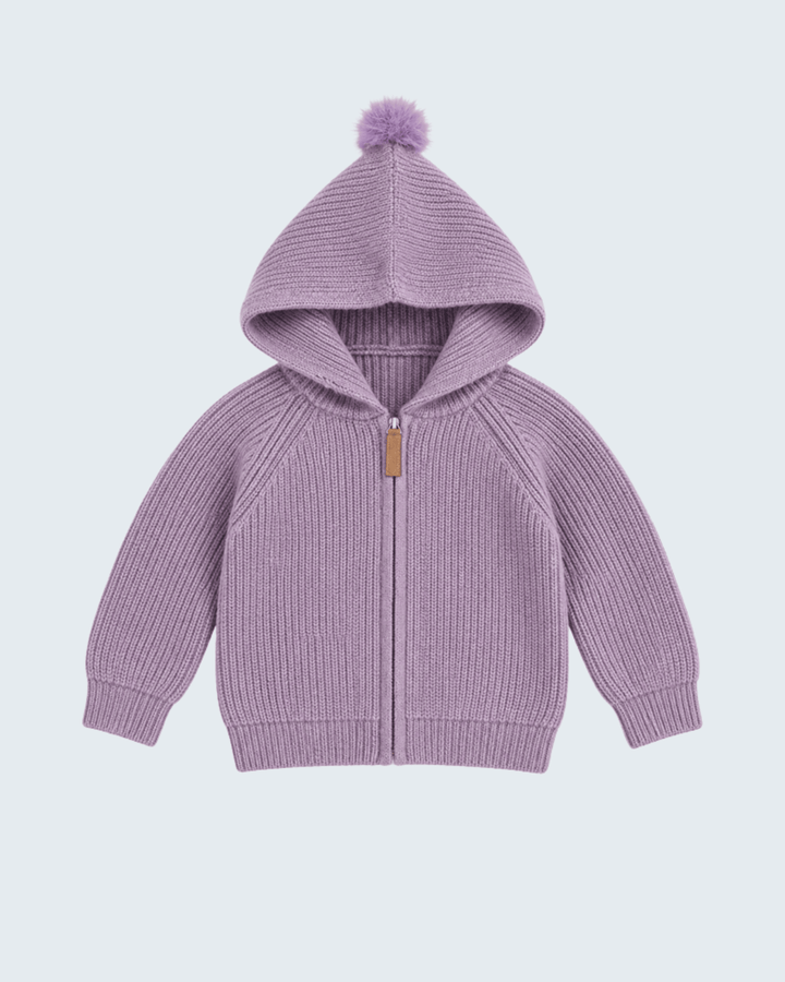 Purple knit hooded zip cardigan with pom-pom hood