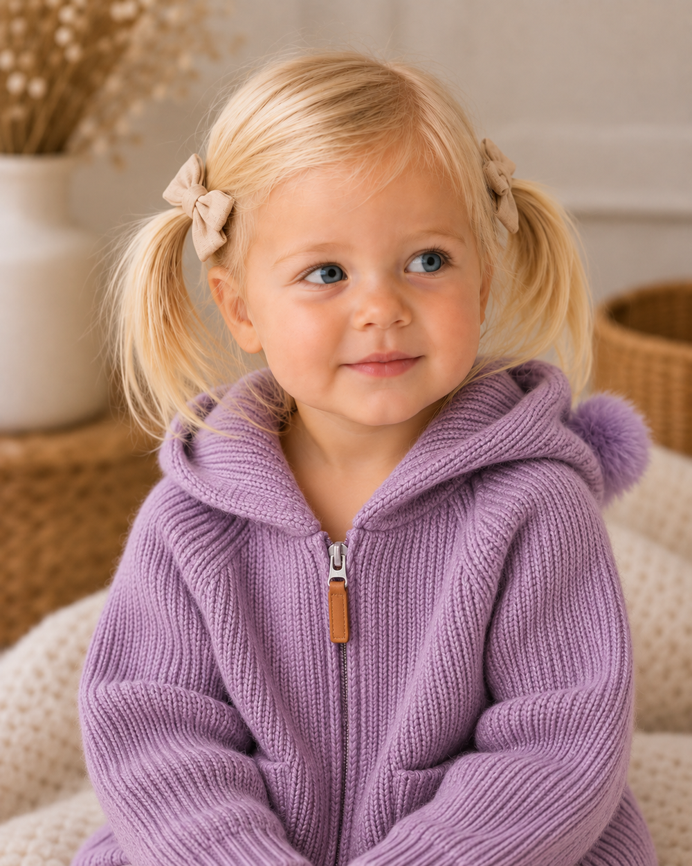Purple knit hooded zip cardigan with pom-pom hood detail