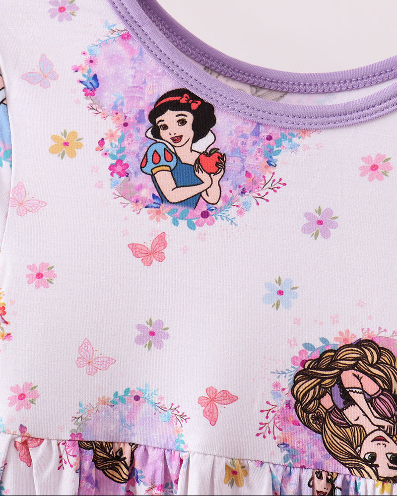 White long-sleeve dress with princess graphic, colorful floral pattern, purple trim