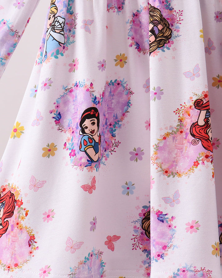 White dress front with scattered princess characters and pastel floral print