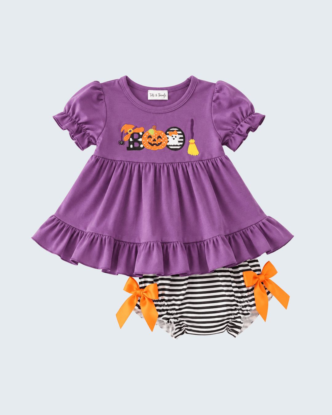 Purple ruffle dress and striped bloomer set, pumpkin and ghost applique, orange bow trim