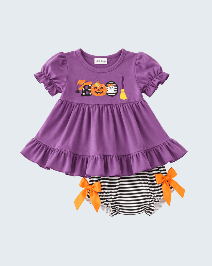 Purple ruffle dress and striped bloomer set, pumpkin and ghost applique, orange bow trim