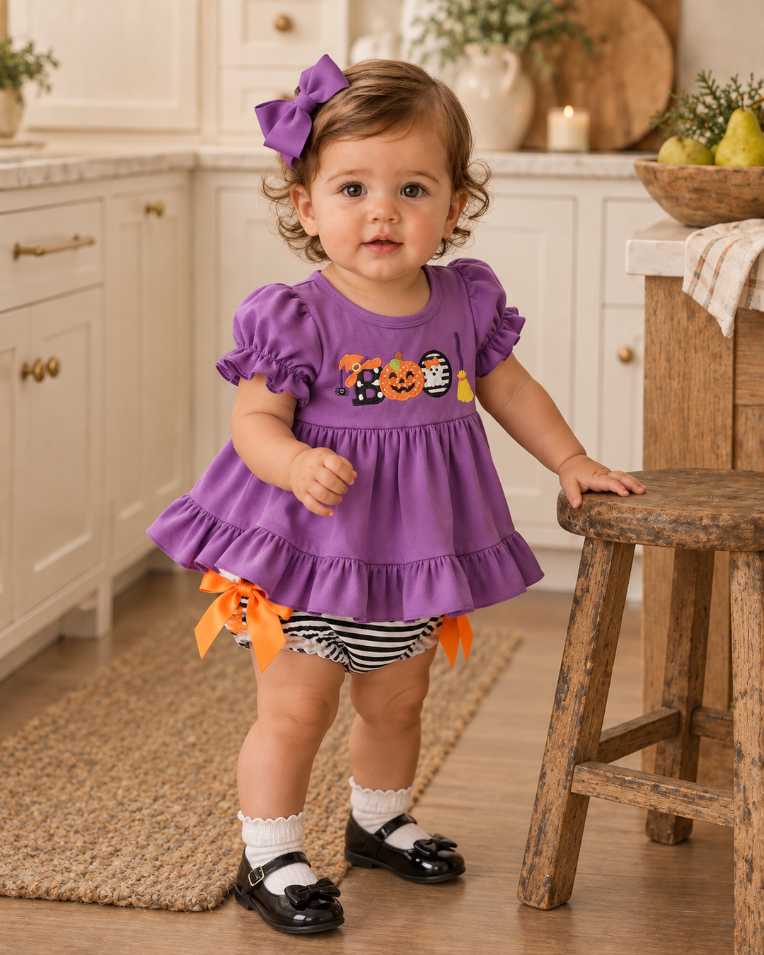 Toddler in purple ruffle dress with pumpkin ghost applique and striped bloomers with orange bows