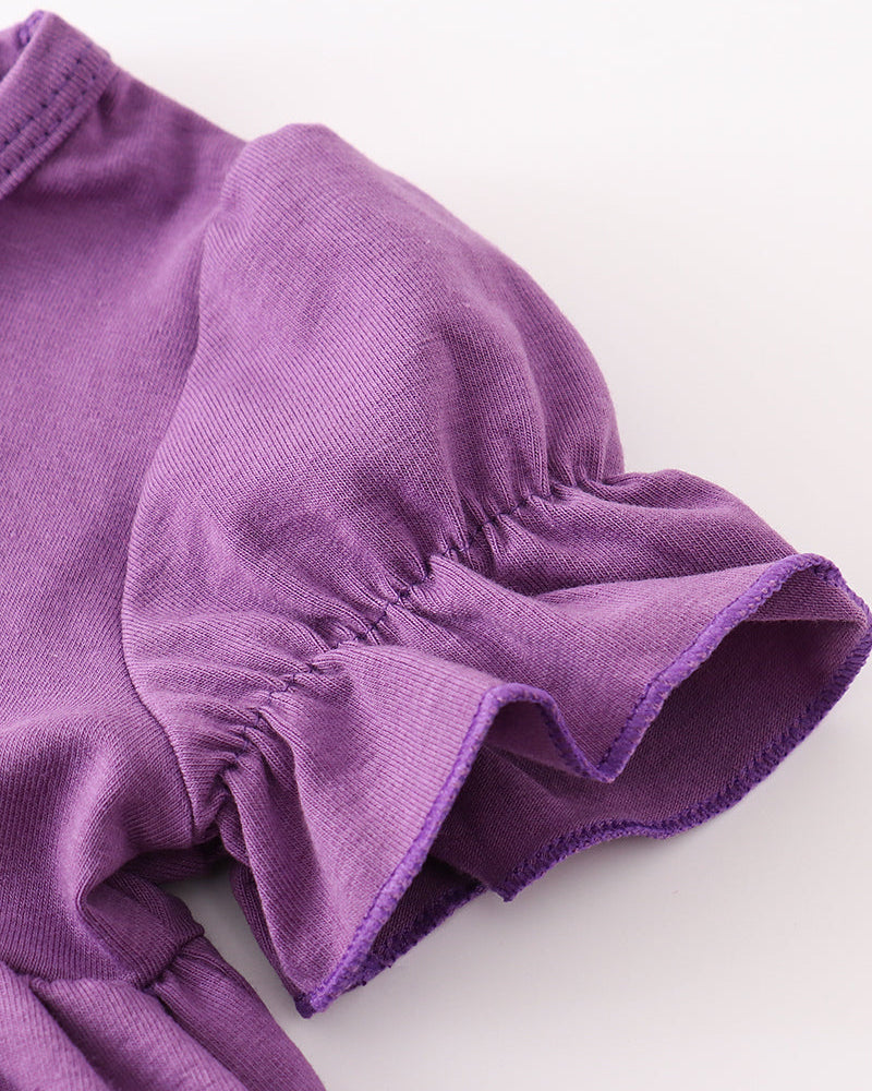 Purple ruffle sleeve and gathered skirt hem on girls’ Halloween dress top