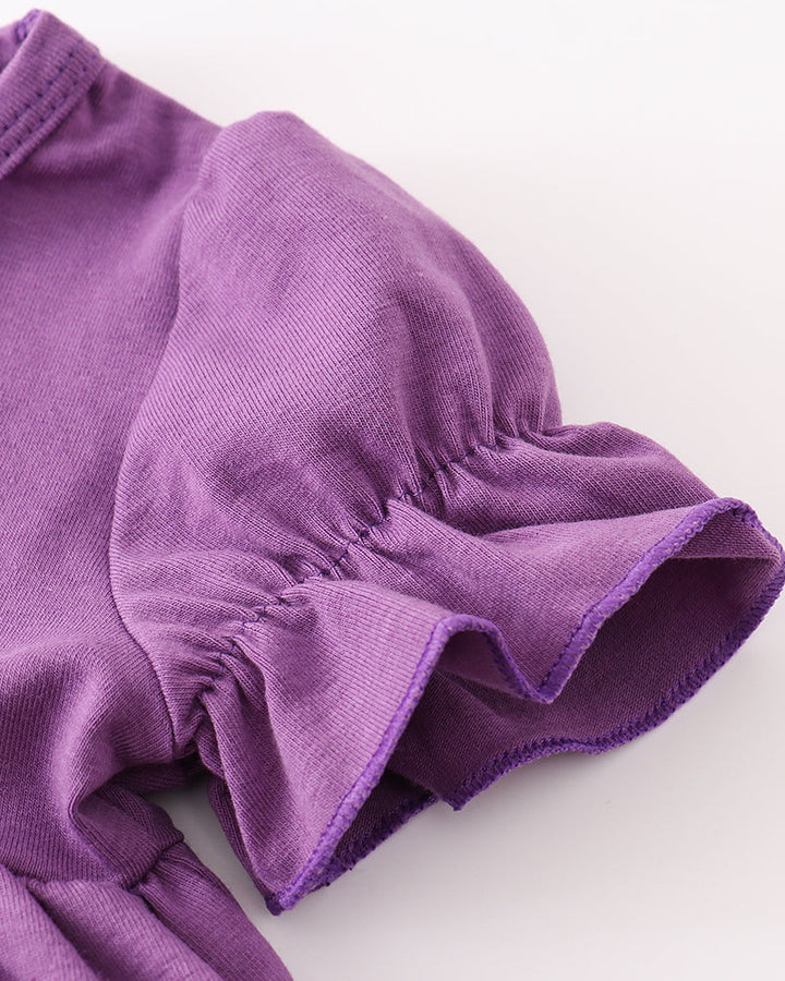 Purple ruffle sleeve and gathered skirt hem on girls’ Halloween dress top