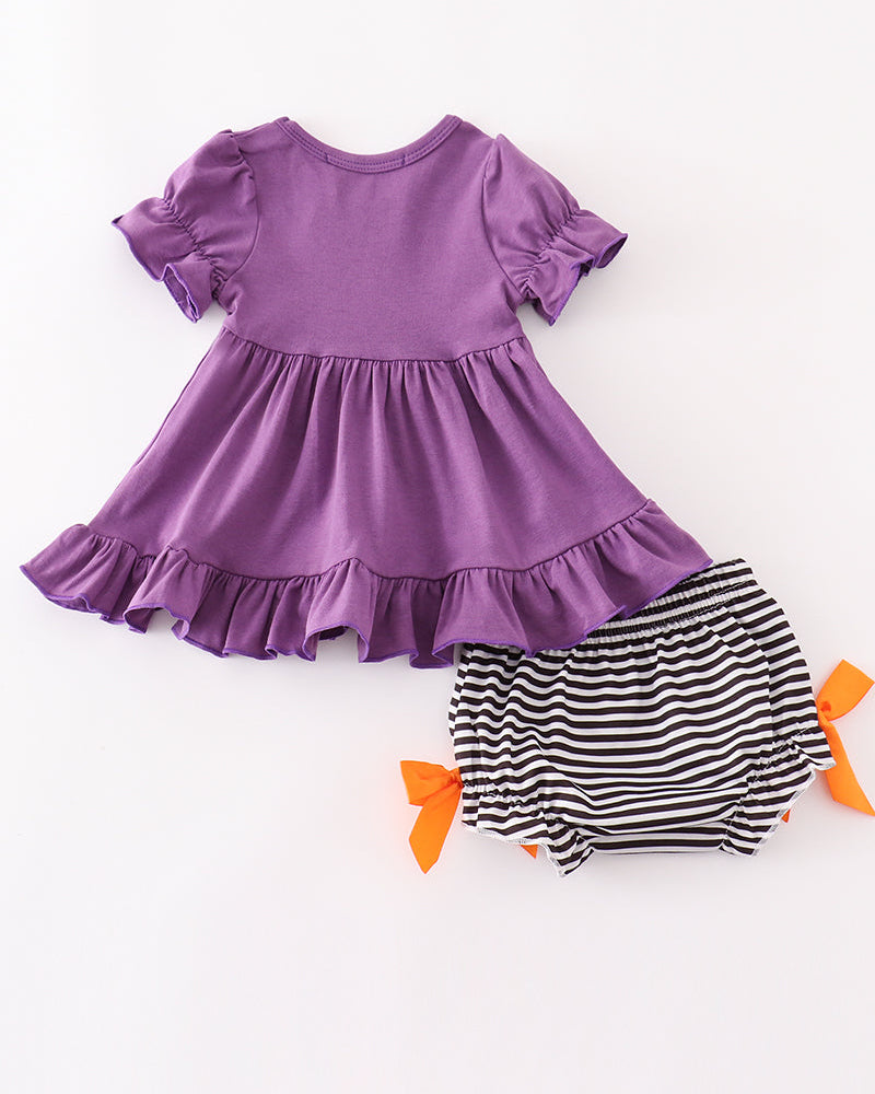 Girls’ purple ruffle dress top set with striped bloomers and orange bow accents