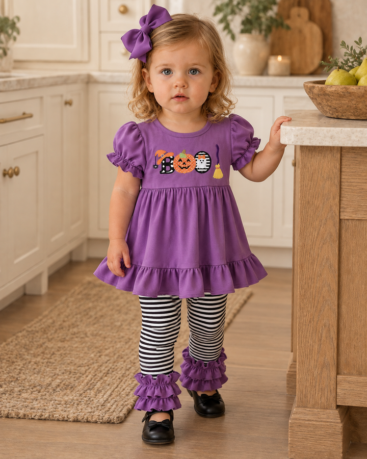 Purple Halloween ruffle pants set with pumpkin and ghost appliqué