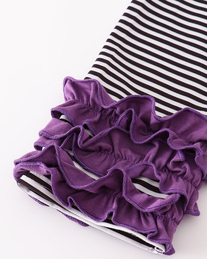 Striped leggings with purple ruffled ankle cuffs