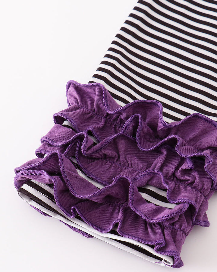 Striped leggings with purple ruffled ankle cuffs