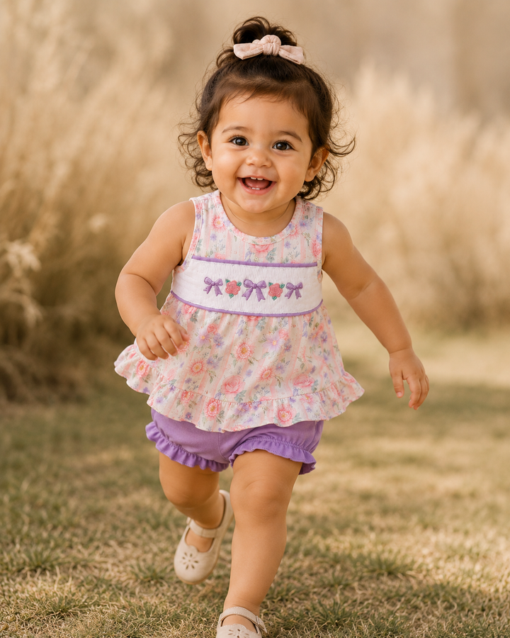 Child in a floral dress running outdoors with a blurred natural background