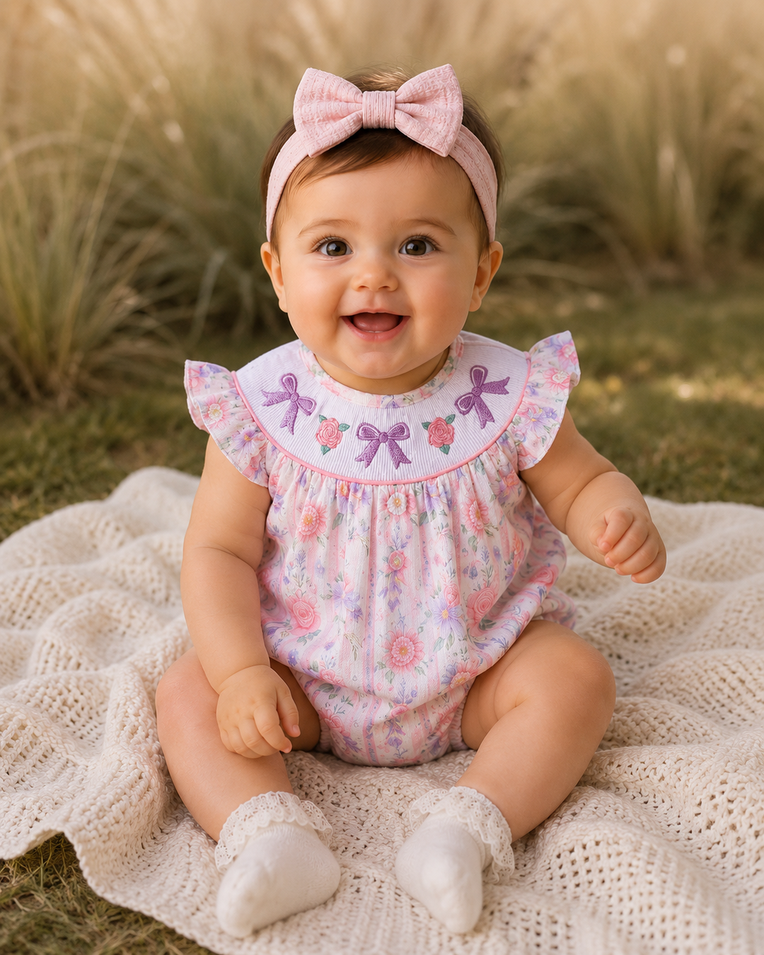 Baby sitting on a blanket outdoors wearing a floral romper with ruffled sleeves and a pink headband.