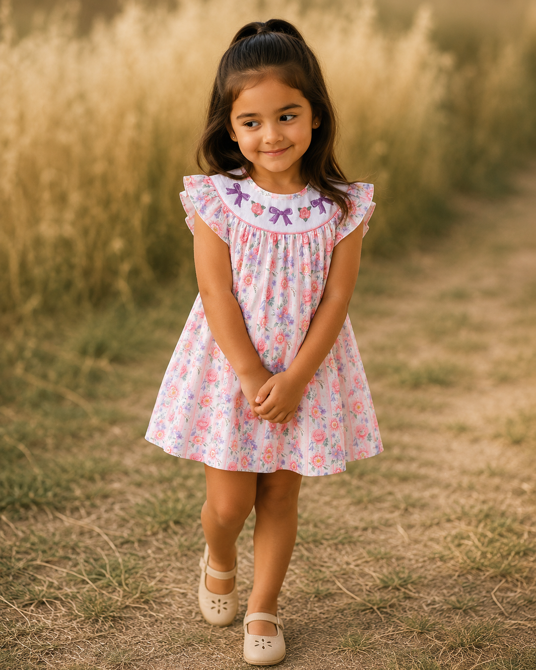 Young girl in a floral dress standing in a field with tall grass.