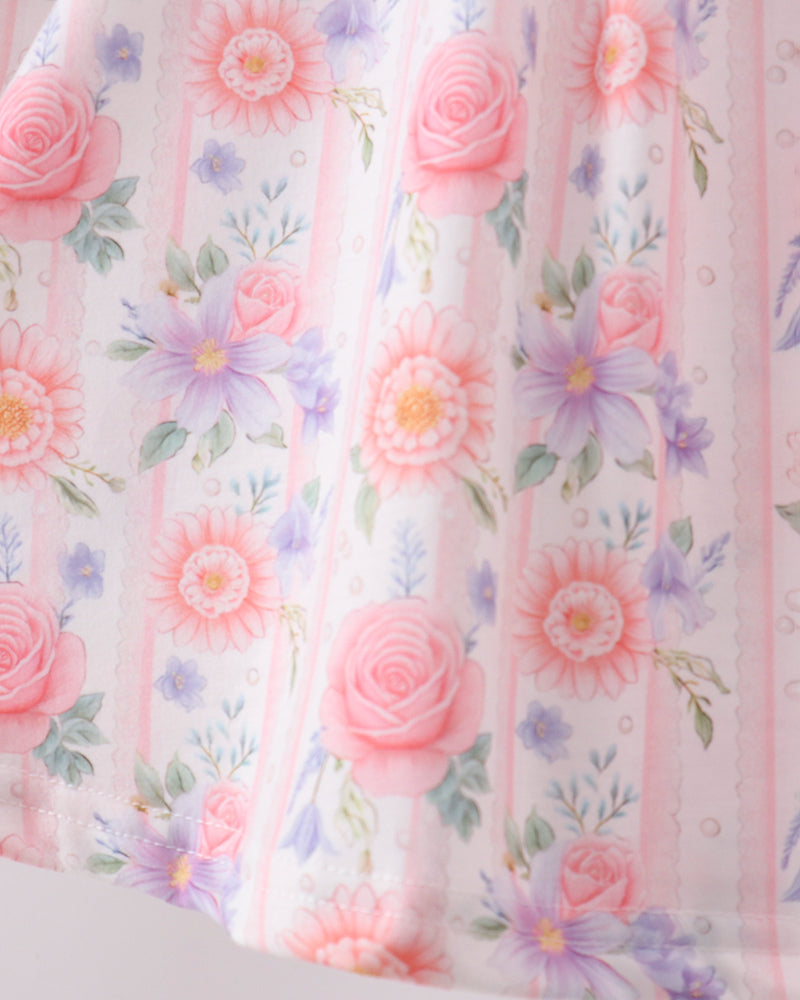 Floral fabric in pink and purple hues