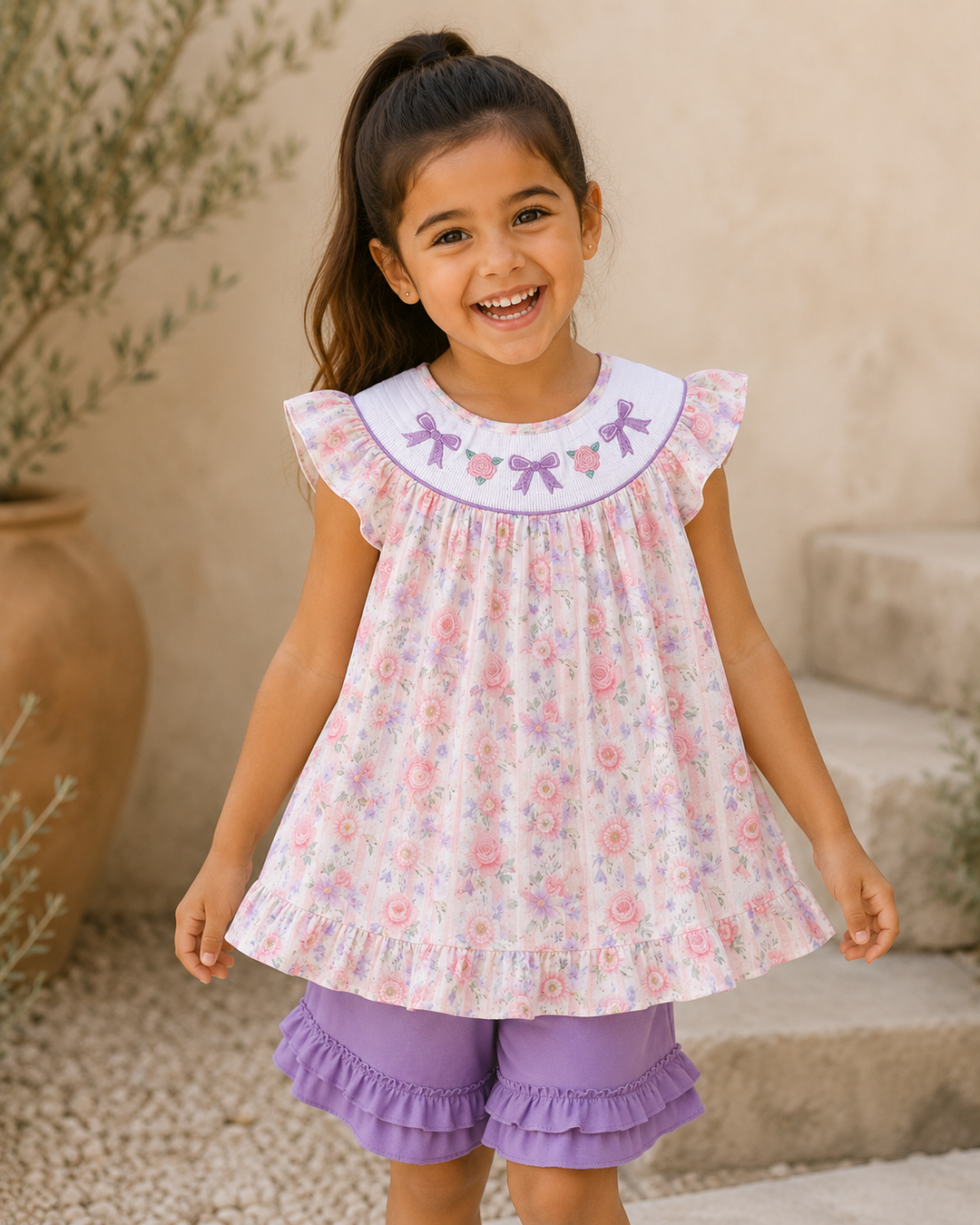 Young girl wearing a floral top and purple shorts with ruffles, standing outdoors.
