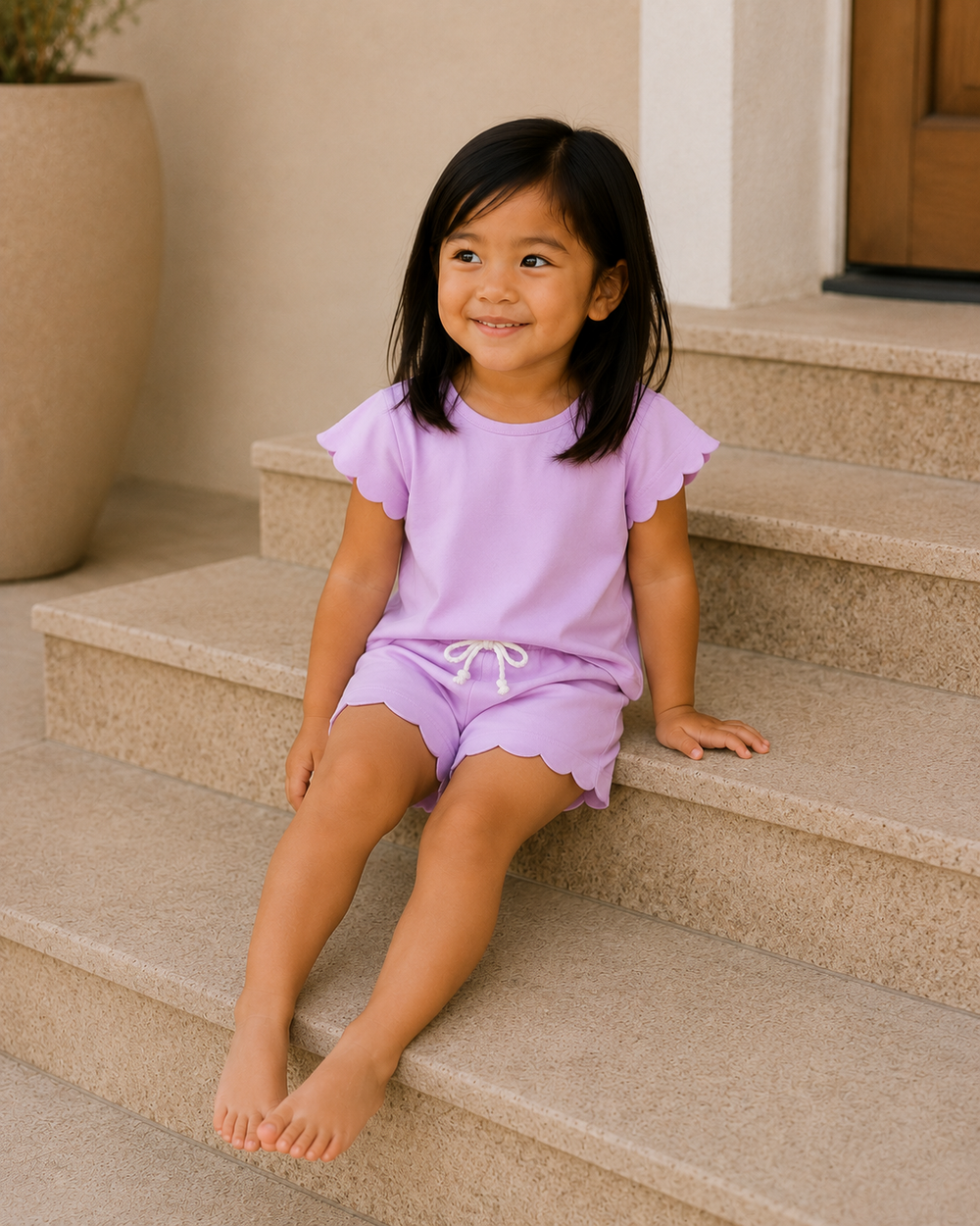 Young girl in a purple outfit sitting on steps outdoors