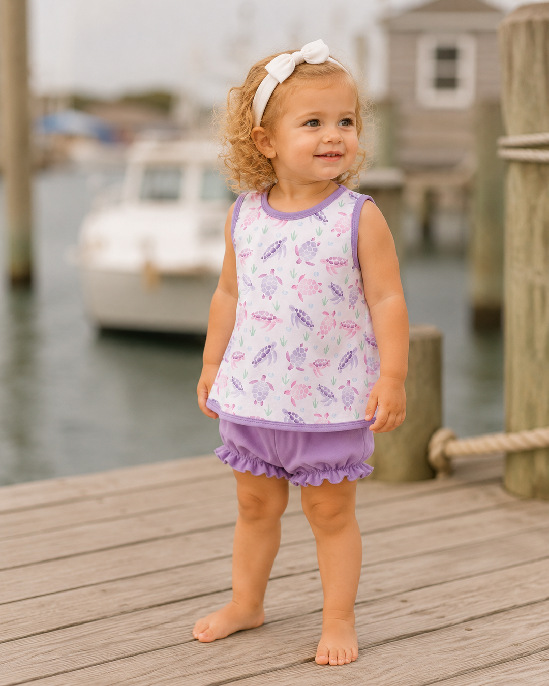 Young girl in a purple and white outfit standing on a dock with water and boats in the background.