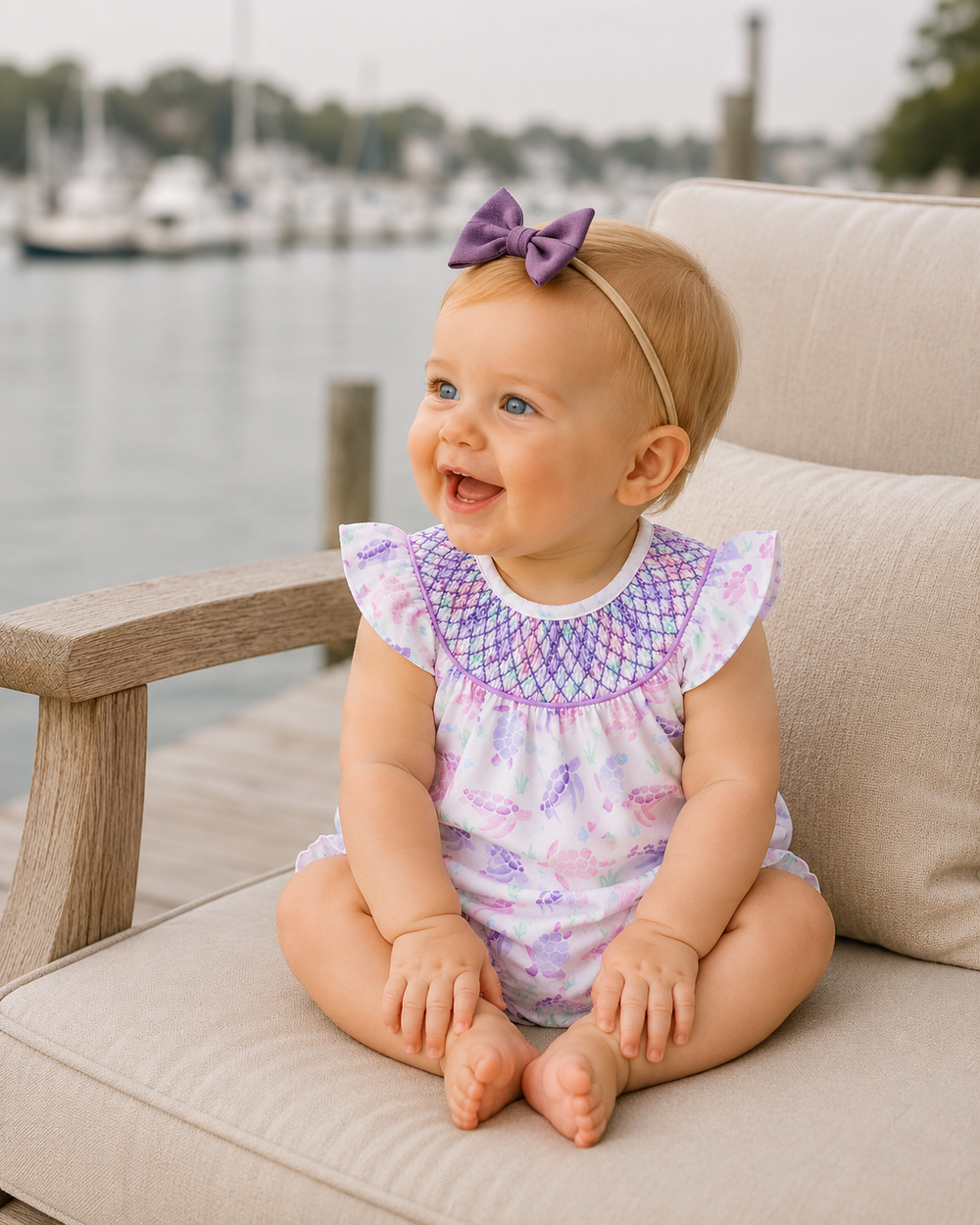 Baby sitting on a couch by a waterfront with boats in the background