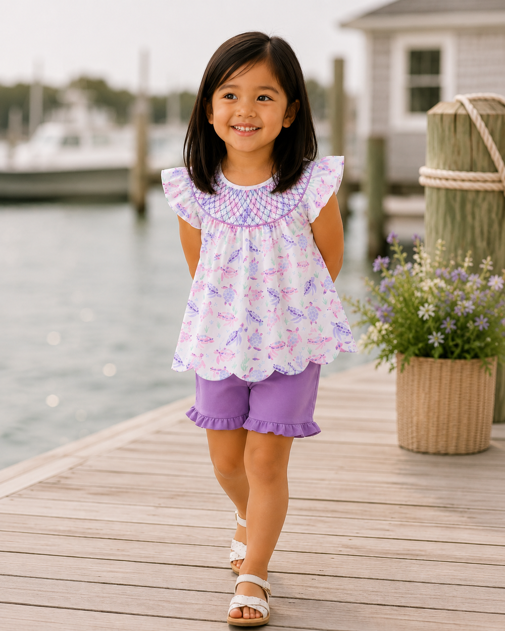 Young girl in a purple outfit standing on a dock with water and flowers in the background