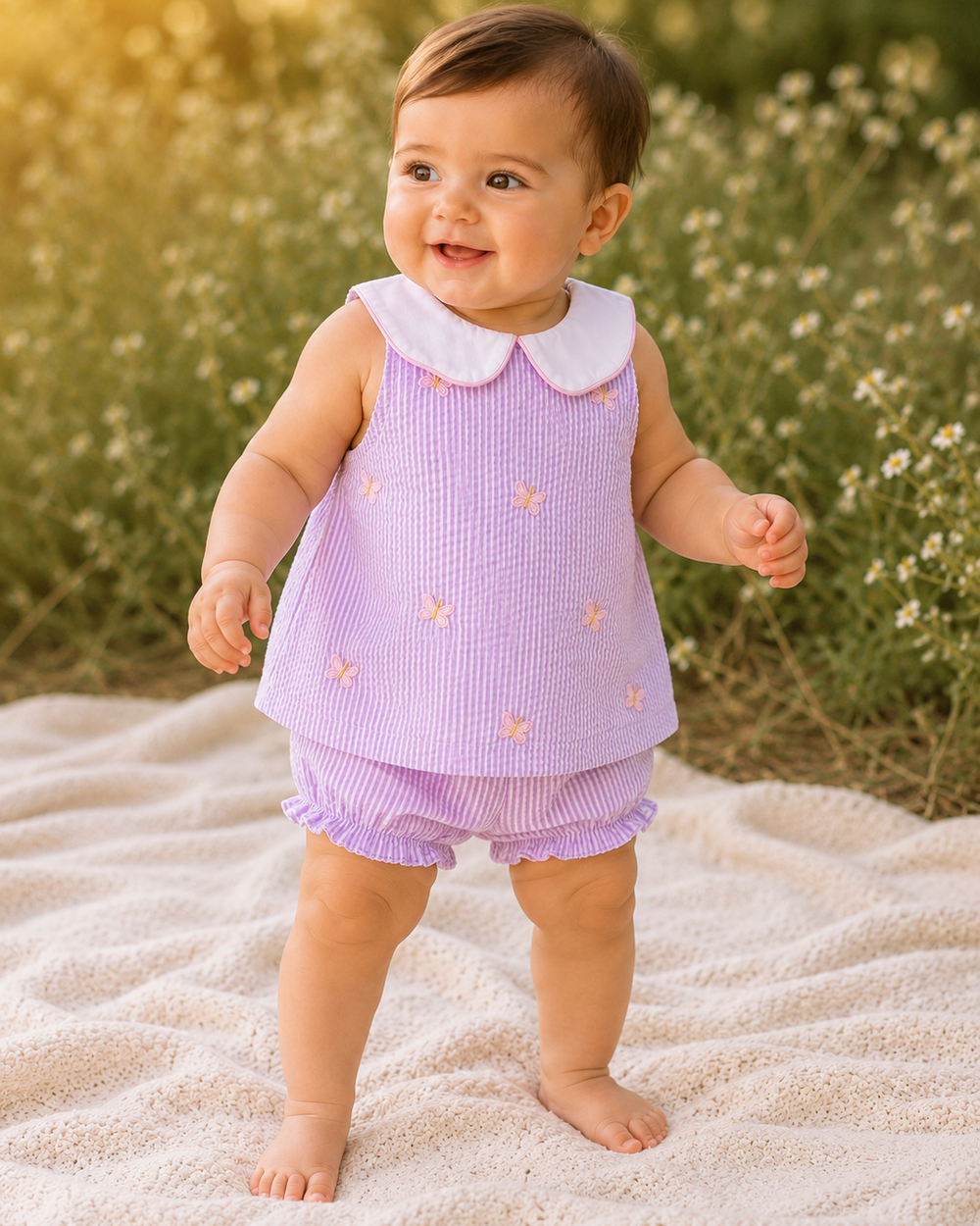 Baby in a purple outfit standing on sand with flowers in the background