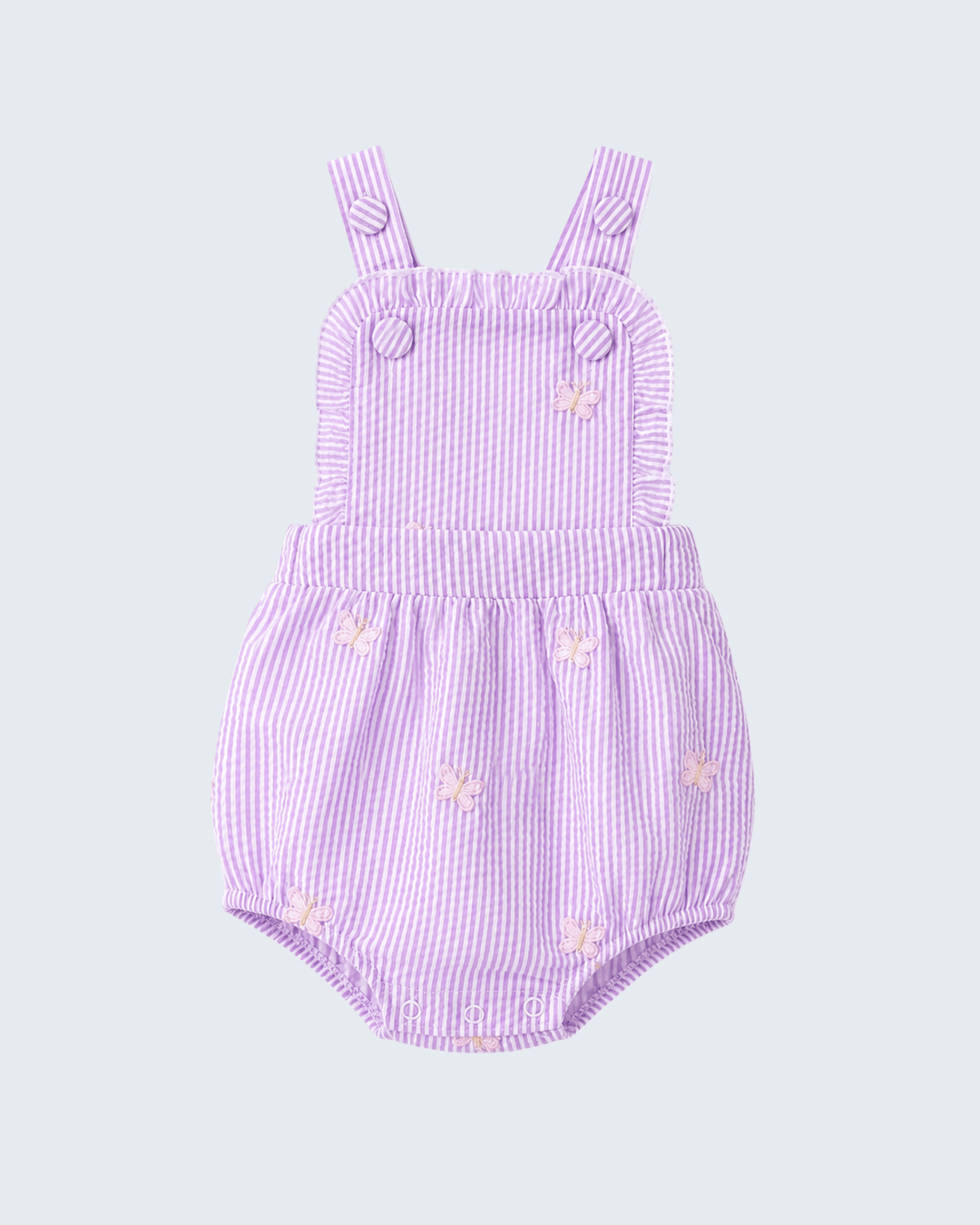 Purple striped baby romper with floral patterns on a light purple background