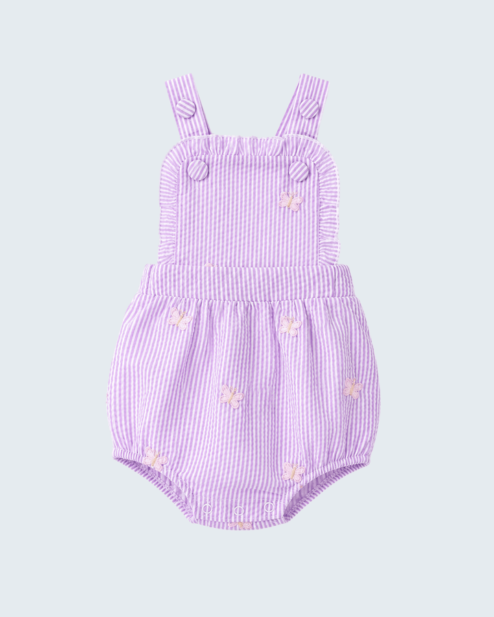 Purple striped baby romper with floral patterns on a light purple background