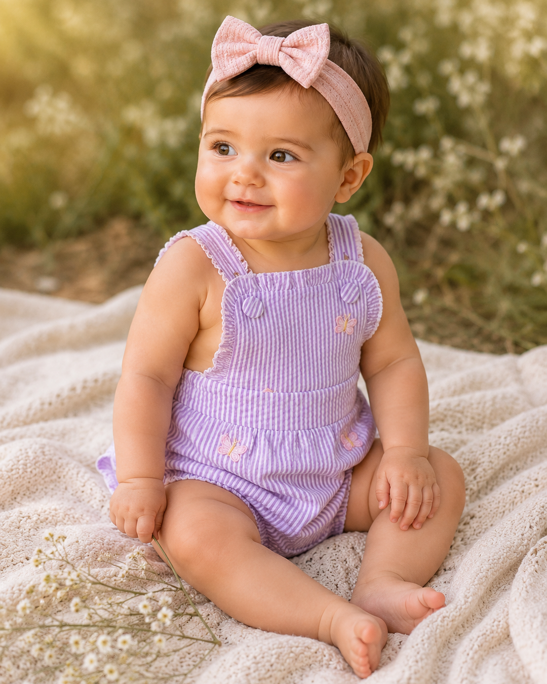 Baby in a purple outfit with a pink bow sitting on a blanket outdoors.