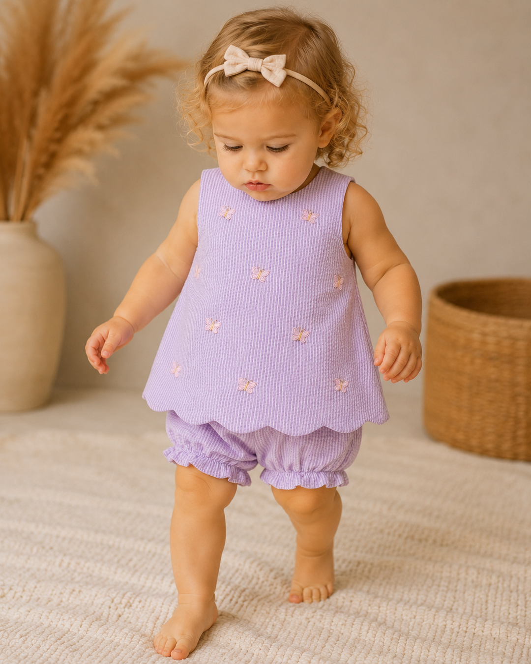 Young child wearing a purple outfit with floral patterns on a neutral background