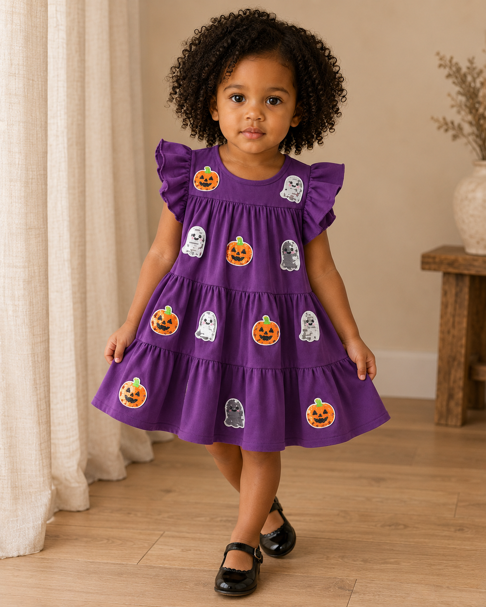A toddler girl wearing a purple tiered dress with ruffled sleeves, decorated with embroidered orange pumpkins and white ghosts, standing in a room with a wooden floor and beige curtains.