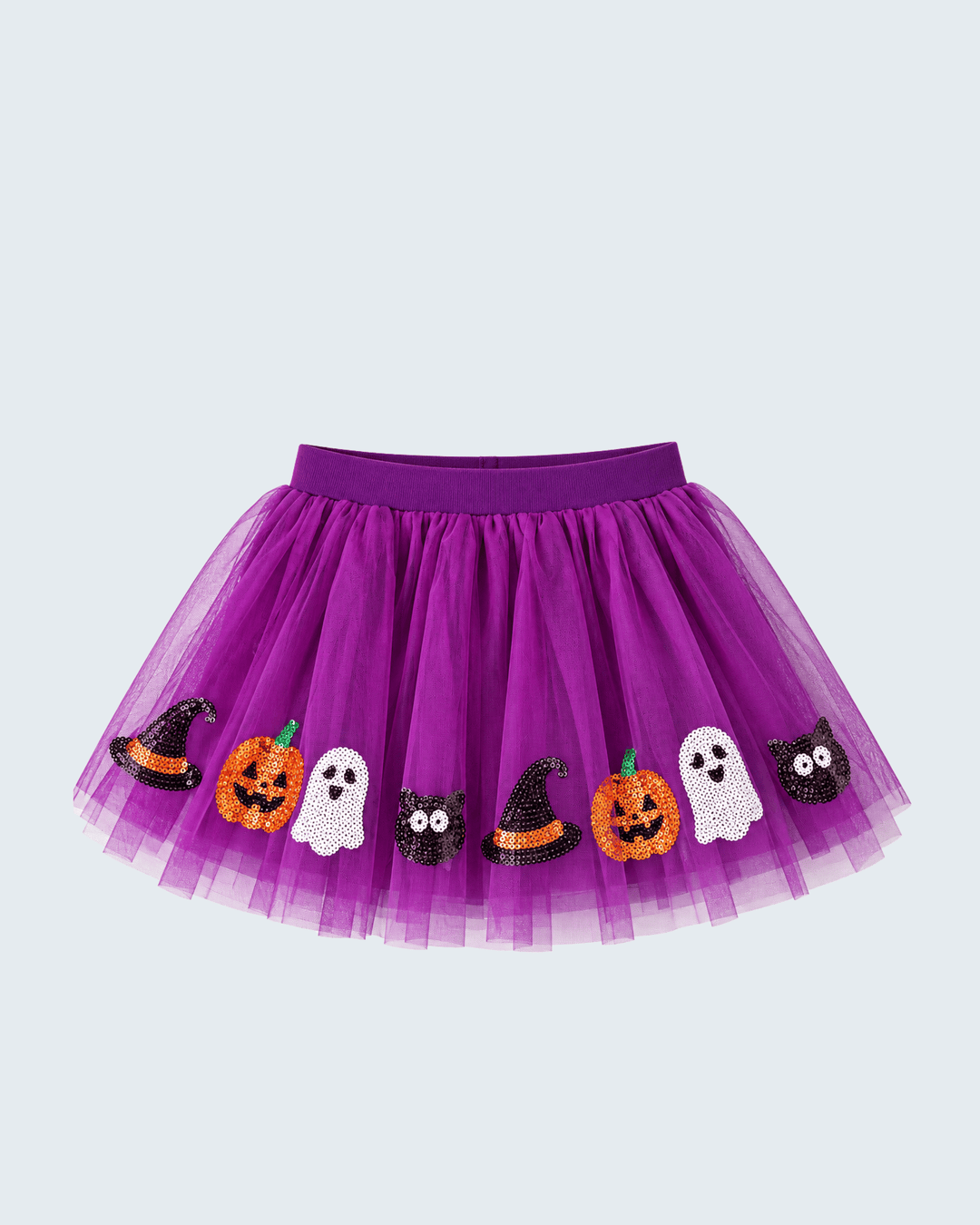 Purple tulle tutu skirt with sequin Halloween pumpkin and ghost appliques