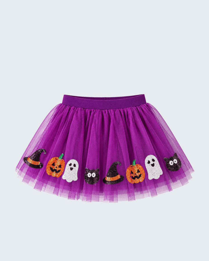 Purple tulle tutu skirt with sequin Halloween pumpkin and ghost appliques
