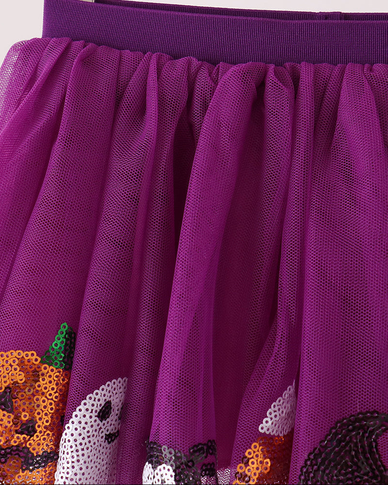 Purple tulle tutu skirt with elastic waistband and sequin pumpkin and ghost details