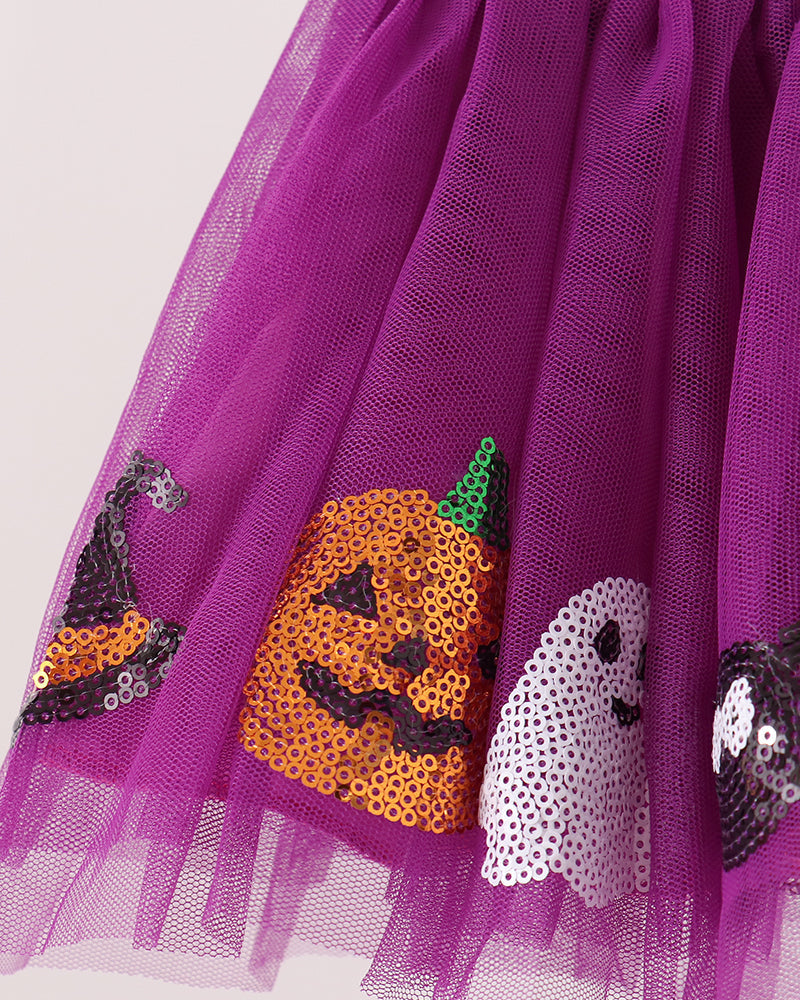 Purple tutu skirt with sequined jack-o-lantern and ghost appliques on tulle layers