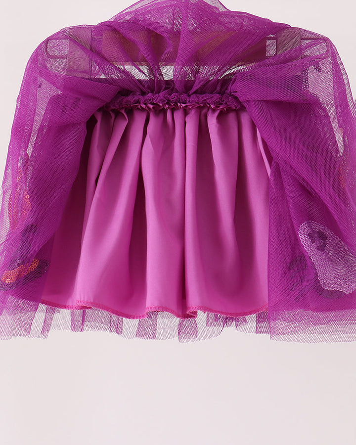 Purple tutu skirt back view with gathered tulle overlay and layered tulle hem