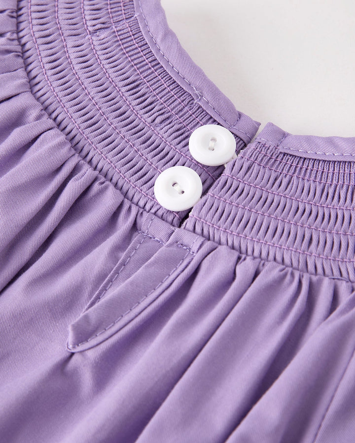 Lavender romper bodice with smocked elastic neckline and two white front buttons