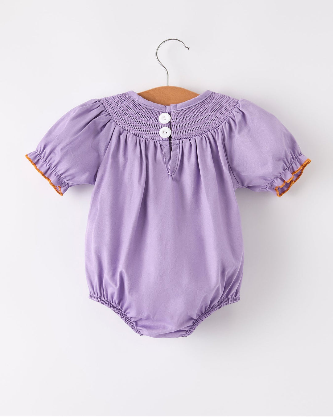 Lavender baby romper with round neckline, button placket, and short puff sleeves
