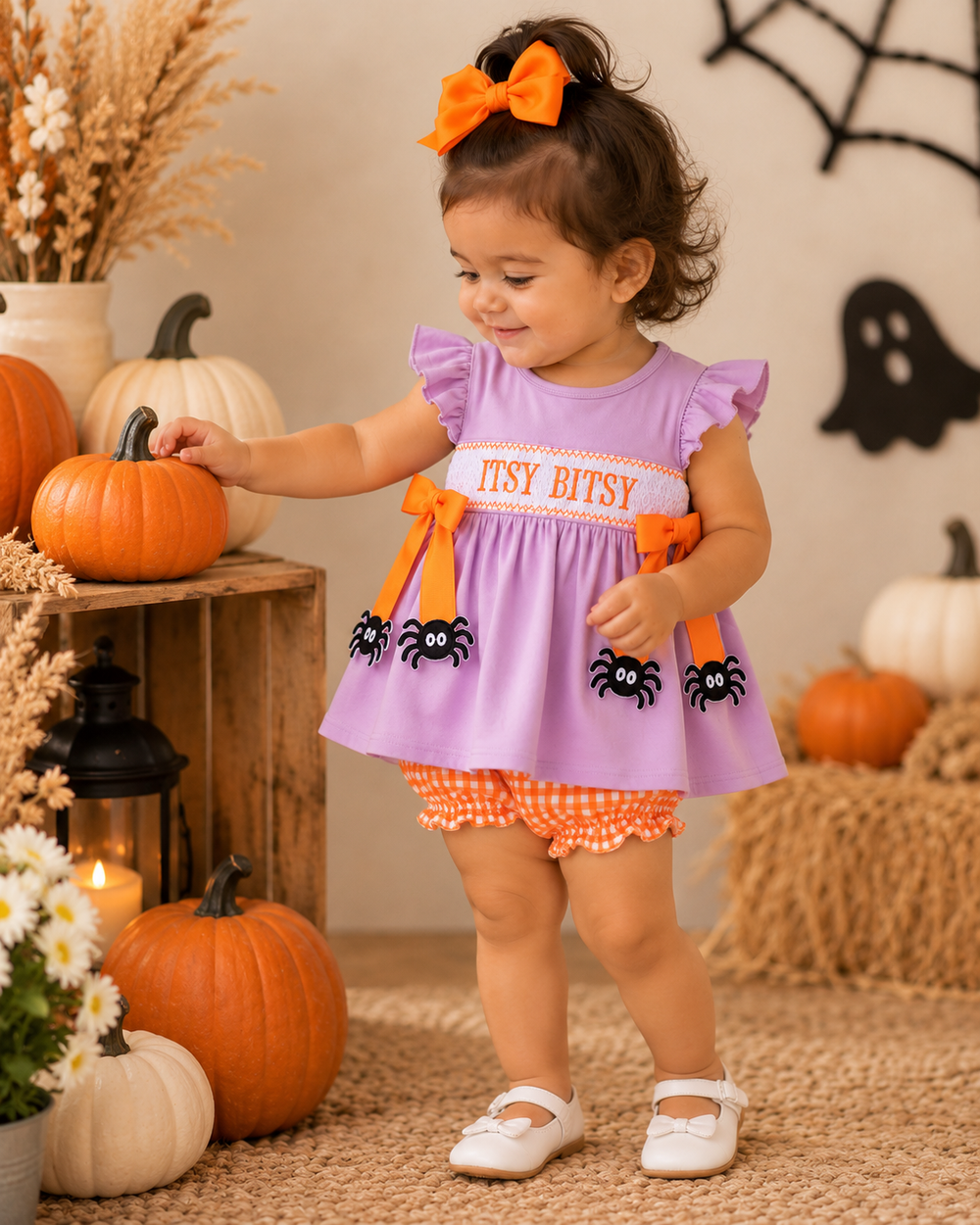 Toddler girl is wearing a Purple Spider Smocked Ruffle Bloomer Set