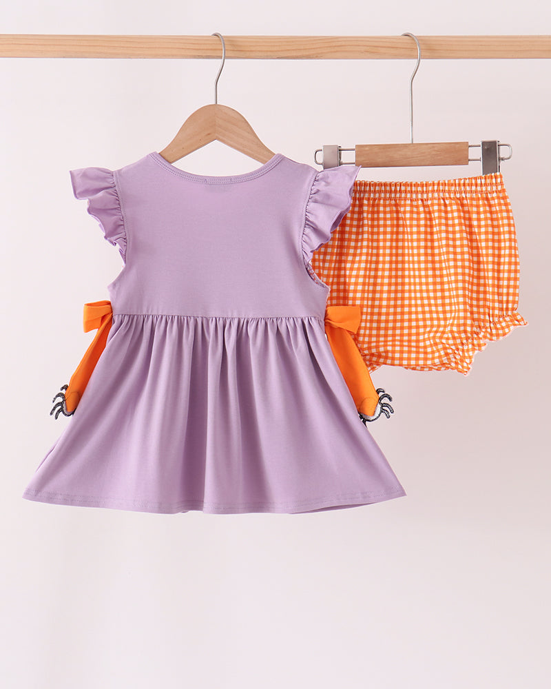 Purple ruffle dress and orange gingham bloomer set with spider ribbon accents