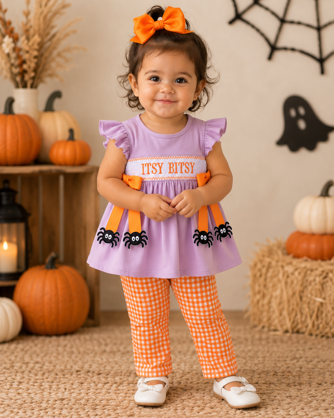 Toddler girl is wearing a Purple Spider Smocked Ruffle Pants Set