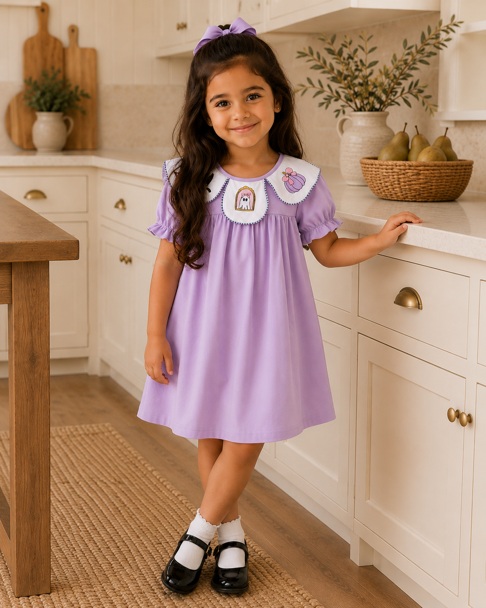 A young girl with long dark hair stands in a bright kitchen wearing a lavender dress with a white Peter Pan collar featuring small embroidered character details. She is smiling and leaning on a white countertop with wooden cabinets, a woven rug, and pears in the background.